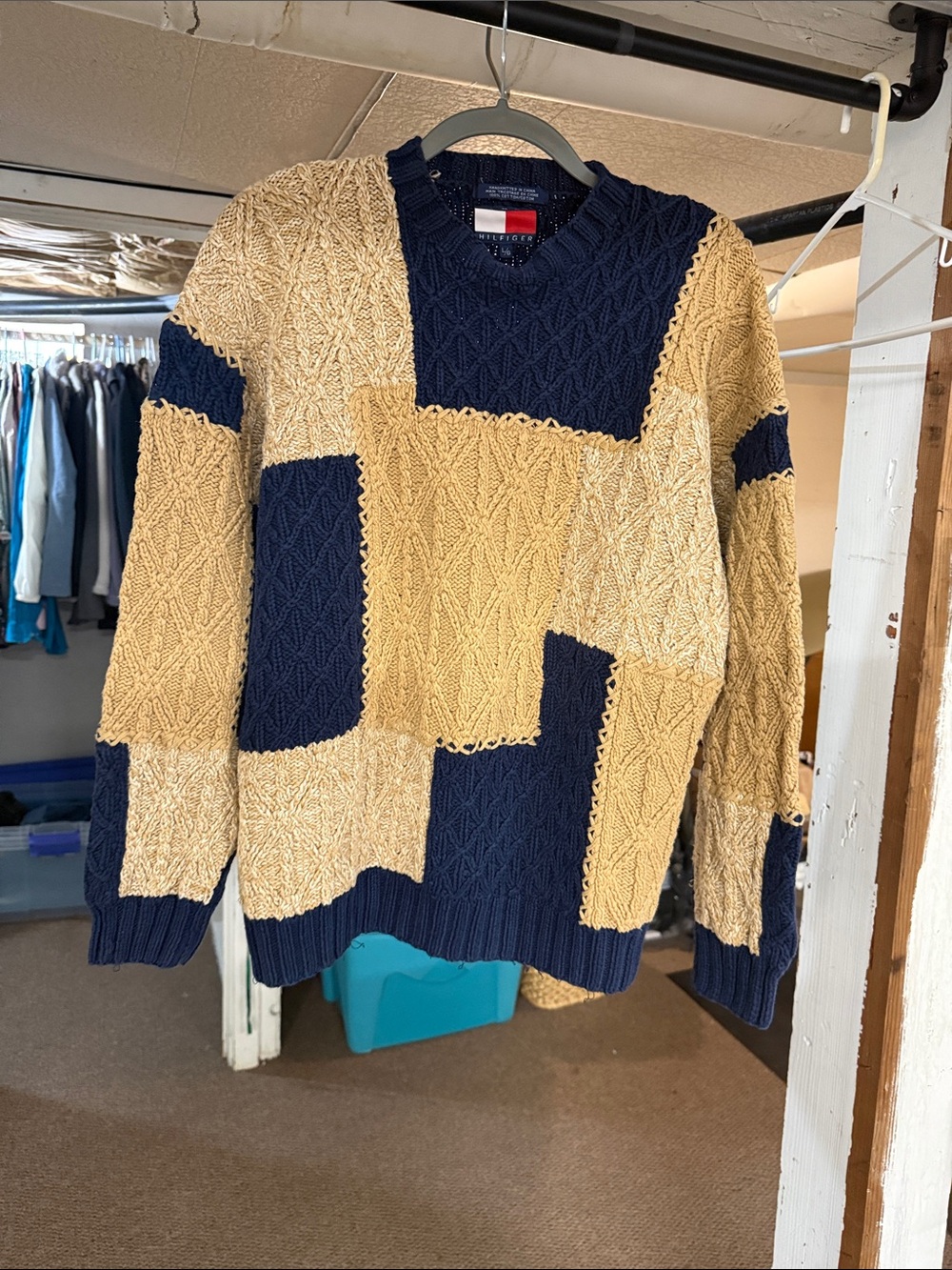 Tommy Hilfiger Navy & Beige Patchwork Cable Crewneck Sweater